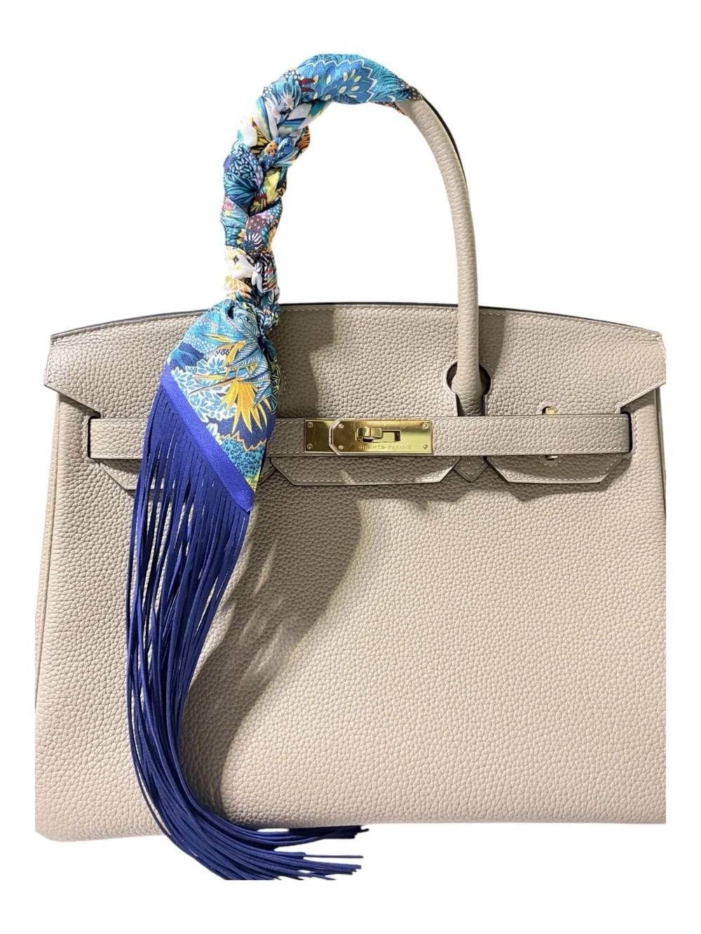 Navy Fringe Zebra Botanical Handbag Wrap Scarf | Luxury Purse Handle Accessory